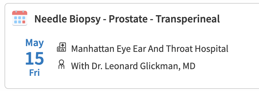 Biopsy appointment: May 15, Friday — Dr. Leonard Glickman, Manhattan Eye Ear and Throat Hospital